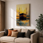 This expressive textured painting of the Kaaba in Masjid al-Haram features the black cube with golden band amid a crowd of pilgrims, framed by tall minarets and arched colonnades under a glowing golden-hour sky with warm orange-yellow tones blending into blue shadows, conveying spiritual energy, movement, and the sacred atmosphere of Mecca.