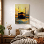 This expressive textured painting of the Kaaba in Masjid al-Haram features the black cube with golden band amid a crowd of pilgrims, framed by tall minarets and arched colonnades under a glowing golden-hour sky with warm orange-yellow tones blending into blue shadows, conveying spiritual energy, movement, and the sacred atmosphere of Mecca.