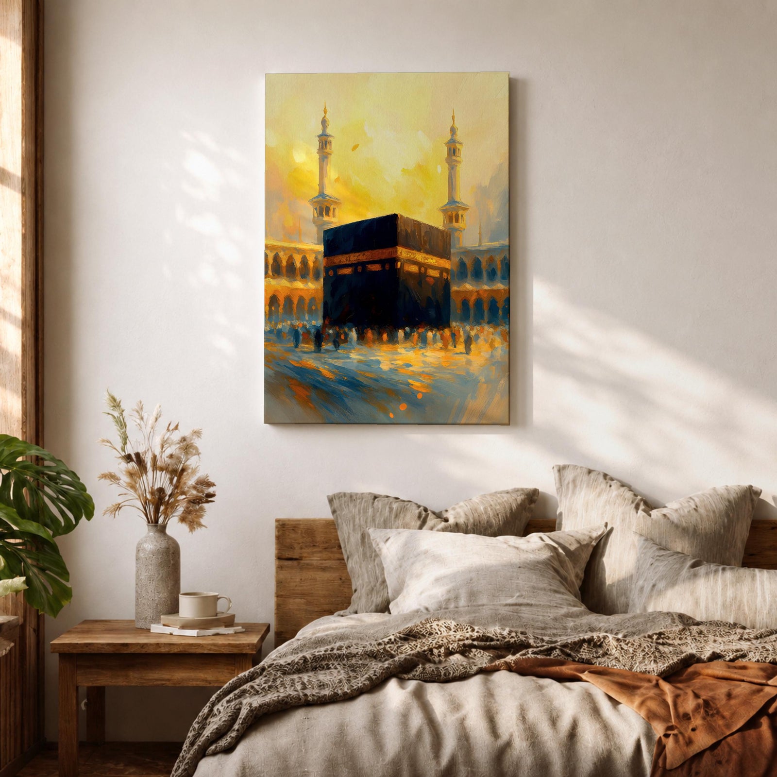 This expressive textured painting of the Kaaba in Masjid al-Haram features the black cube with golden band amid a crowd of pilgrims, framed by tall minarets and arched colonnades under a glowing golden-hour sky with warm orange-yellow tones blending into blue shadows, conveying spiritual energy, movement, and the sacred atmosphere of Mecca.