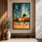 This geometric-style artwork reimagines Masjid an-Nabawi in Medina with angular, faceted forms in vibrant blue and teal shards, featuring the iconic green dome, tall minarets, and expansive courtyard filled with pilgrims under a warm orange sky, creating a modern, abstract, and spiritually dynamic representation of the Prophet's Mosque.