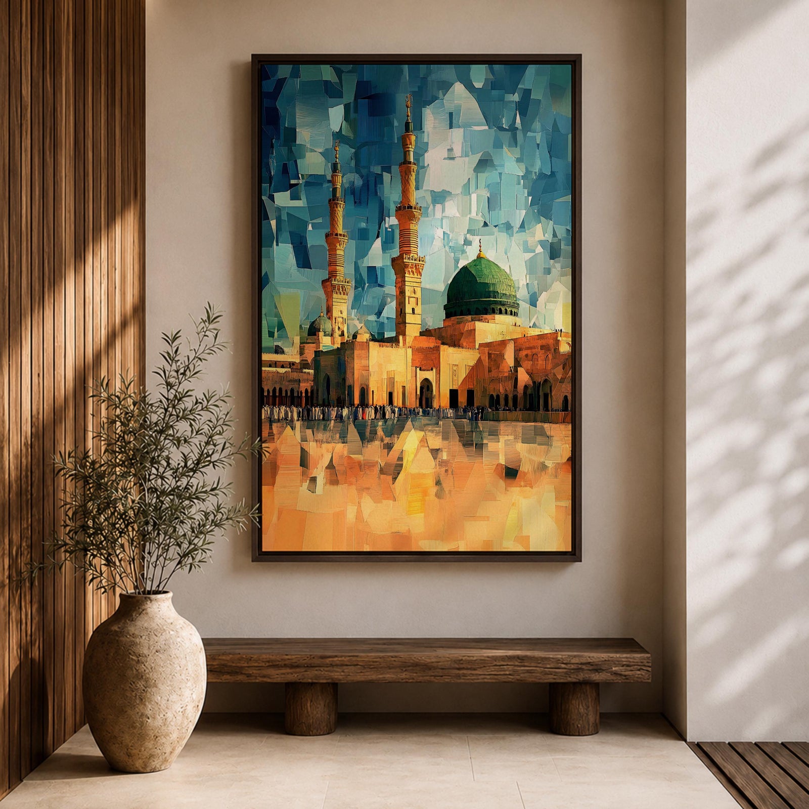 This geometric-style artwork reimagines Masjid an-Nabawi in Medina with angular, faceted forms in vibrant blue and teal shards, featuring the iconic green dome, tall minarets, and expansive courtyard filled with pilgrims under a warm orange sky, creating a modern, abstract, and spiritually dynamic representation of the Prophet's Mosque.