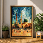 This geometric-style artwork reimagines Masjid an-Nabawi in Medina with angular, faceted forms in vibrant blue and teal shards, featuring the iconic green dome, tall minarets, and expansive courtyard filled with pilgrims under a warm orange sky, creating a modern, abstract, and spiritually dynamic representation of the Prophet's Mosque.