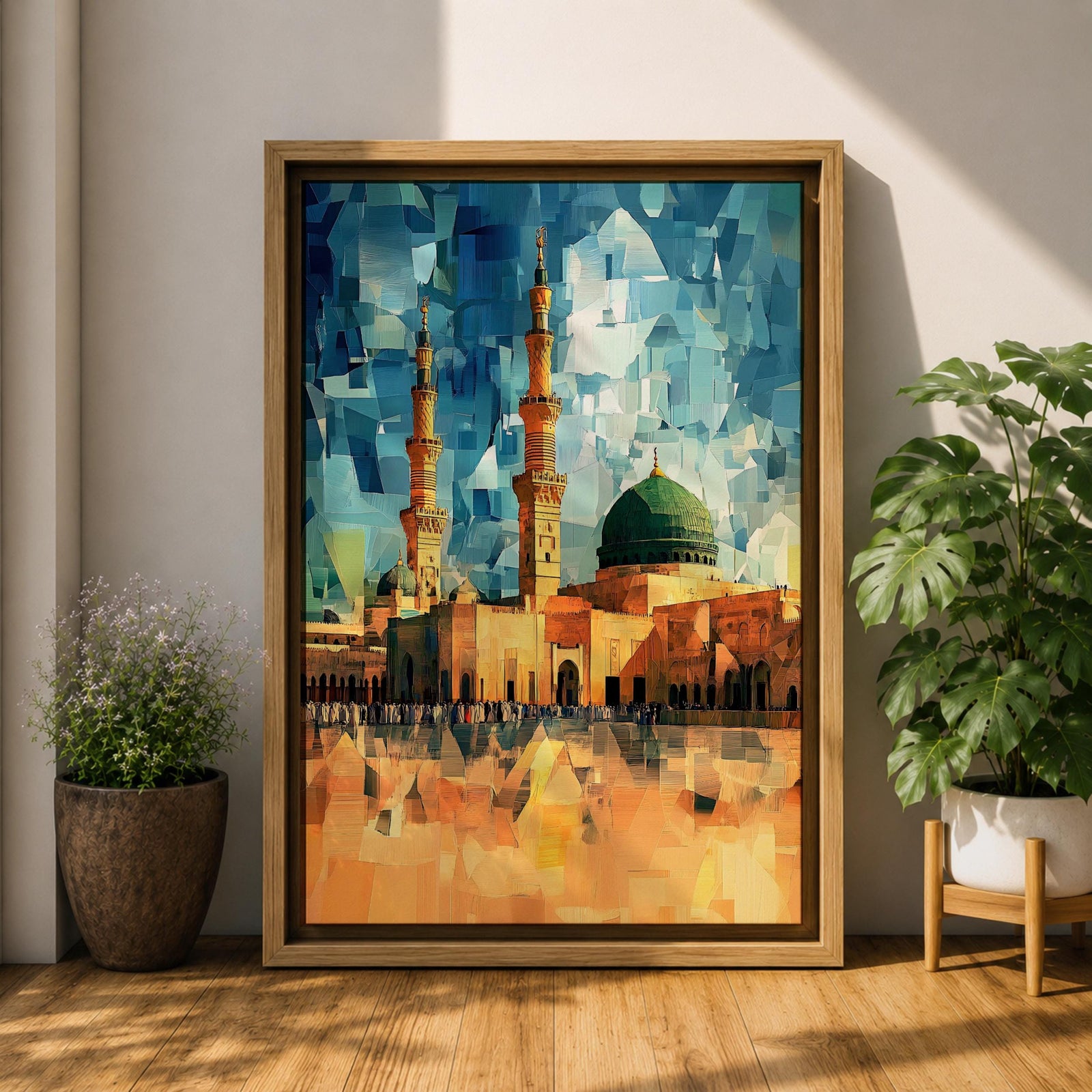 This geometric-style artwork reimagines Masjid an-Nabawi in Medina with angular, faceted forms in vibrant blue and teal shards, featuring the iconic green dome, tall minarets, and expansive courtyard filled with pilgrims under a warm orange sky, creating a modern, abstract, and spiritually dynamic representation of the Prophet's Mosque.