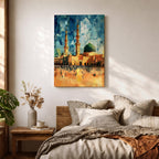 This geometric-style artwork reimagines Masjid an-Nabawi in Medina with angular, faceted forms in vibrant blue and teal shards, featuring the iconic green dome, tall minarets, and expansive courtyard filled with pilgrims under a warm orange sky, creating a modern, abstract, and spiritually dynamic representation of the Prophet's Mosque.