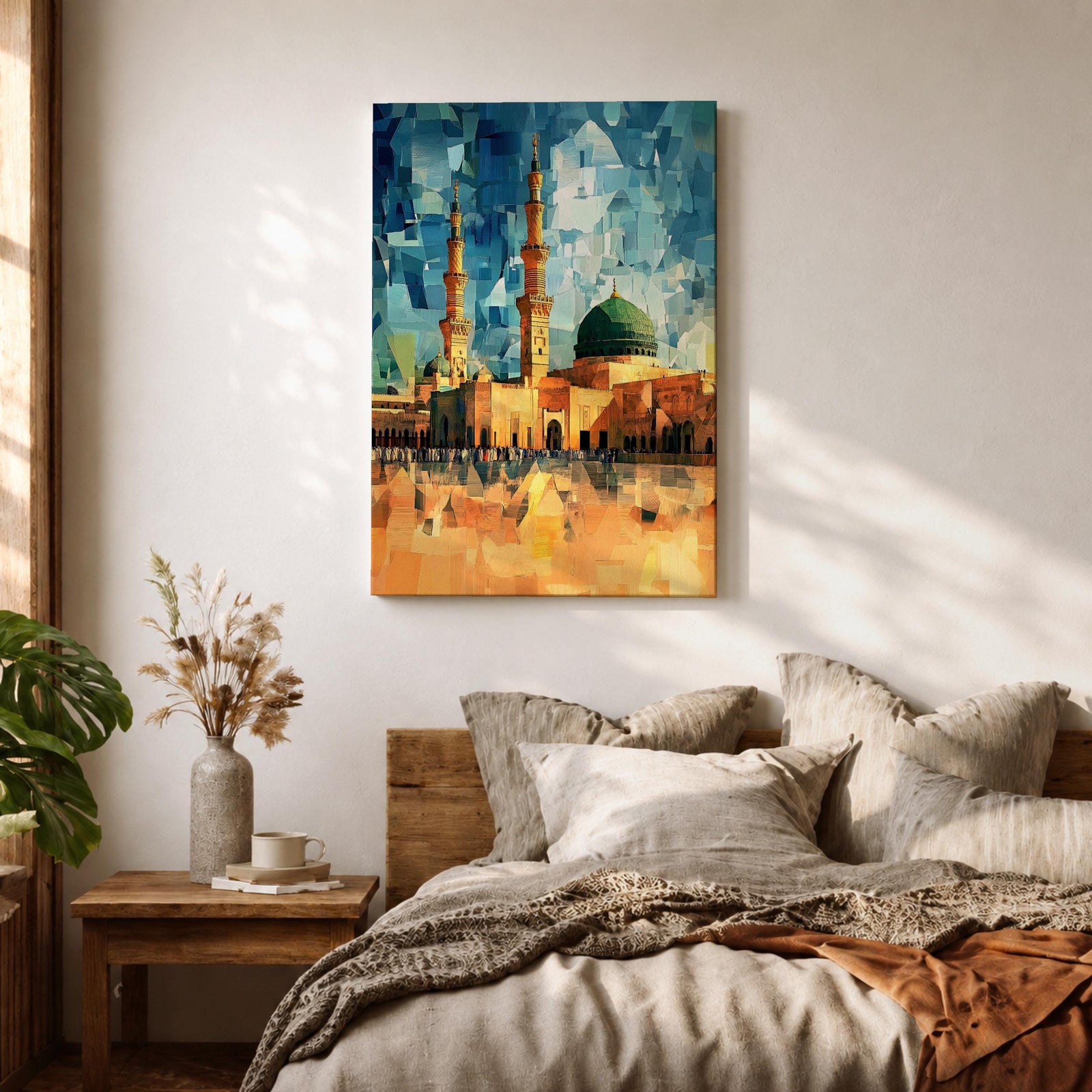 This geometric-style artwork reimagines Masjid an-Nabawi in Medina with angular, faceted forms in vibrant blue and teal shards, featuring the iconic green dome, tall minarets, and expansive courtyard filled with pilgrims under a warm orange sky, creating a modern, abstract, and spiritually dynamic representation of the Prophet's Mosque.