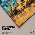 This geometric-style artwork reimagines Masjid an-Nabawi in Medina with angular, faceted forms in vibrant blue and teal shards, featuring the iconic green dome, tall minarets, and expansive courtyard filled with pilgrims under a warm orange sky, creating a modern, abstract, and spiritually dynamic representation of the Prophet's Mosque.