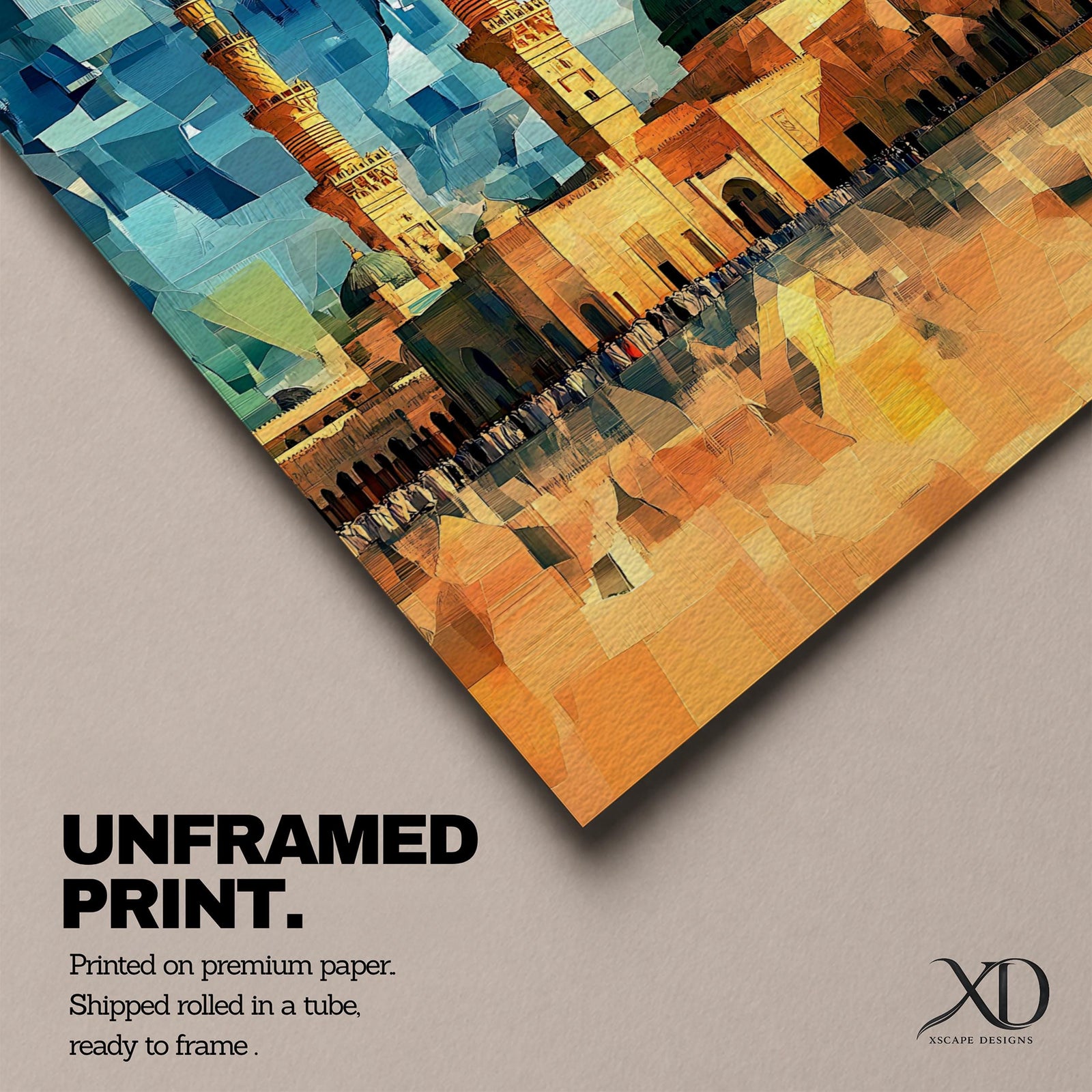 This geometric-style artwork reimagines Masjid an-Nabawi in Medina with angular, faceted forms in vibrant blue and teal shards, featuring the iconic green dome, tall minarets, and expansive courtyard filled with pilgrims under a warm orange sky, creating a modern, abstract, and spiritually dynamic representation of the Prophet's Mosque.