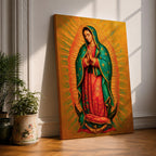 A detailed framed canvas painting of Our Lady of Guadalupe depicting a woman in a traditional red dress and green cloak adorned with stars, hands clasped in prayer, surrounded by radiant golden light, rendered in a realistic style with rich textures and vibrant colors.