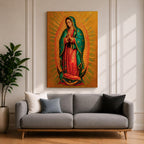 A detailed framed canvas painting of Our Lady of Guadalupe depicting a woman in a traditional red dress and green cloak adorned with stars, hands clasped in prayer, surrounded by radiant golden light, rendered in a realistic style with rich textures and vibrant colors.