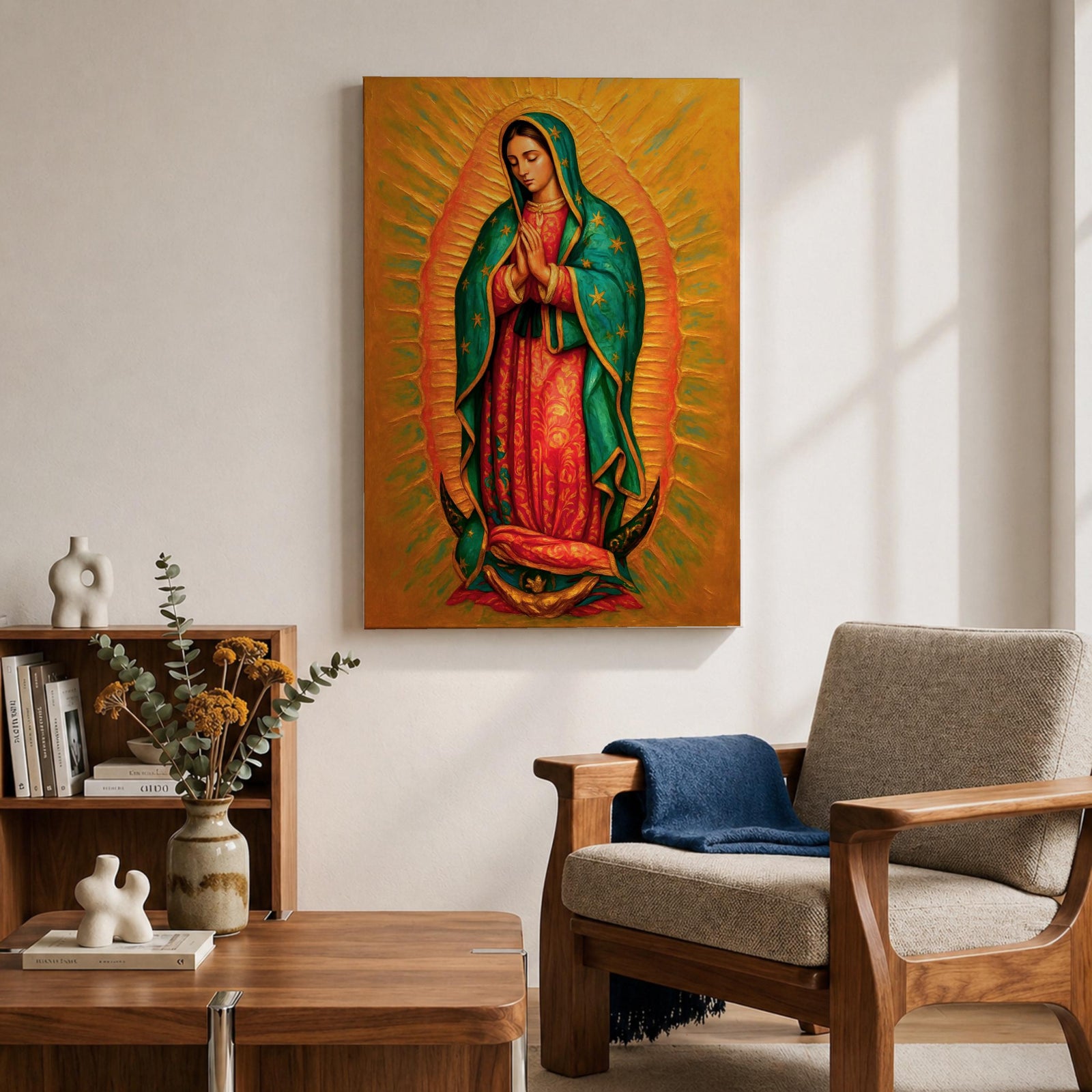 A detailed framed canvas painting of Our Lady of Guadalupe depicting a woman in a traditional red dress and green cloak adorned with stars, hands clasped in prayer, surrounded by radiant golden light, rendered in a realistic style with rich textures and vibrant colors.