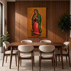 A detailed framed canvas painting of Our Lady of Guadalupe depicting a woman in a traditional red dress and green cloak adorned with stars, hands clasped in prayer, surrounded by radiant golden light, rendered in a realistic style with rich textures and vibrant colors.