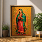 A detailed framed canvas painting of Our Lady of Guadalupe depicting a woman in a traditional red dress and green cloak adorned with stars, hands clasped in prayer, surrounded by radiant golden light, rendered in a realistic style with rich textures and vibrant colors.