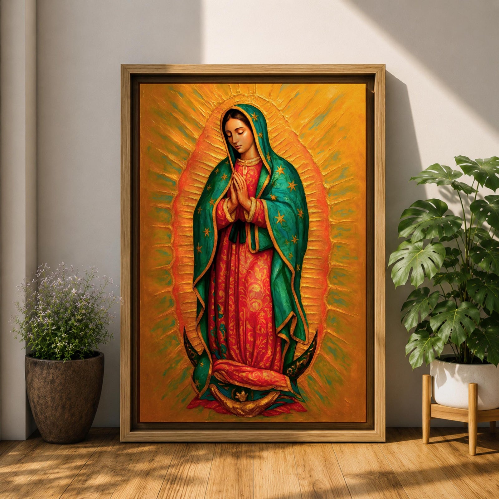 A detailed framed canvas painting of Our Lady of Guadalupe depicting a woman in a traditional red dress and green cloak adorned with stars, hands clasped in prayer, surrounded by radiant golden light, rendered in a realistic style with rich textures and vibrant colors.