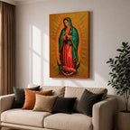 A detailed framed canvas painting of Our Lady of Guadalupe depicting a woman in a traditional red dress and green cloak adorned with stars, hands clasped in prayer, surrounded by radiant golden light, rendered in a realistic style with rich textures and vibrant colors.