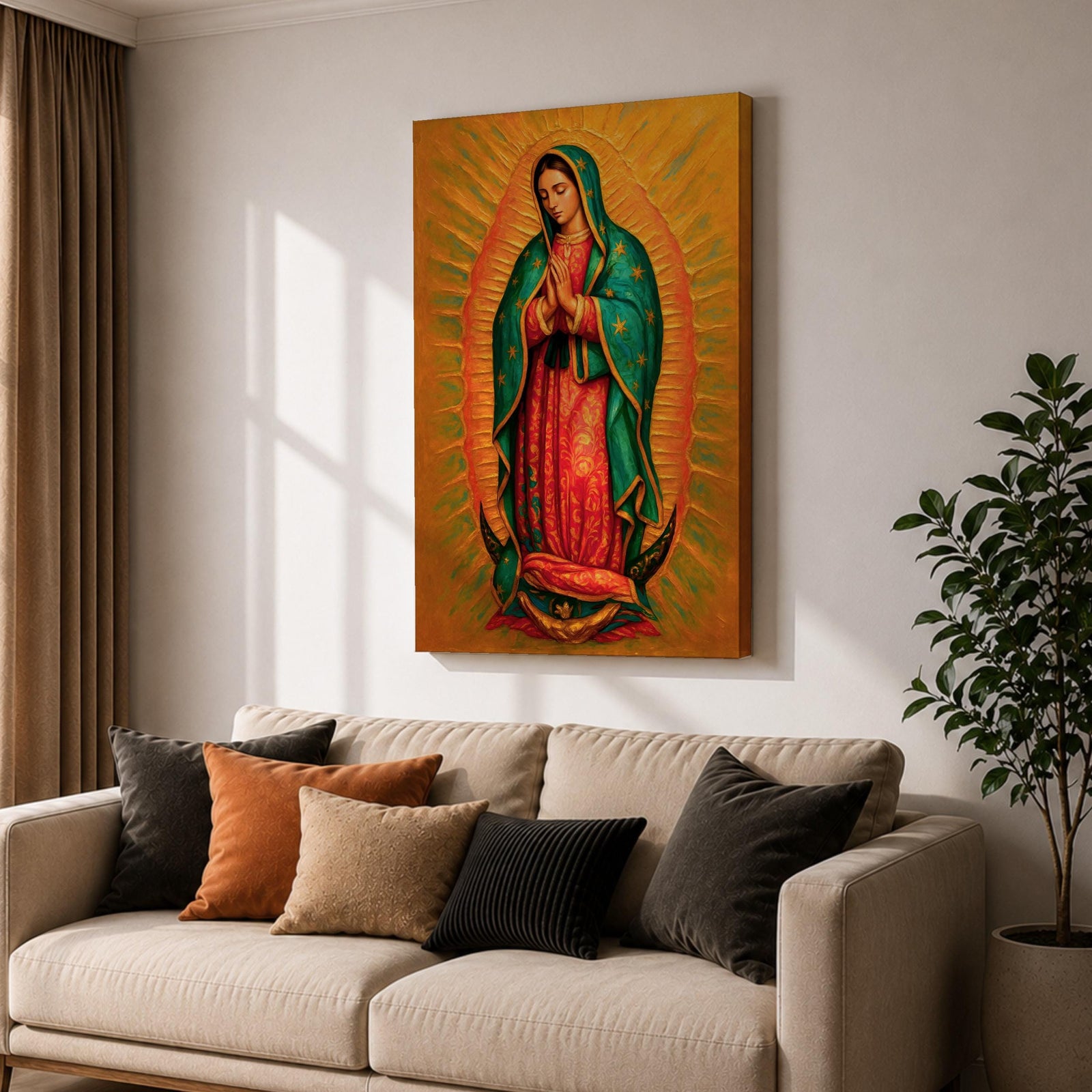 A detailed framed canvas painting of Our Lady of Guadalupe depicting a woman in a traditional red dress and green cloak adorned with stars, hands clasped in prayer, surrounded by radiant golden light, rendered in a realistic style with rich textures and vibrant colors.