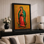 A detailed framed canvas painting of Our Lady of Guadalupe depicting a woman in a traditional red dress and green cloak adorned with stars, hands clasped in prayer, surrounded by radiant golden light, rendered in a realistic style with rich textures and vibrant colors.
