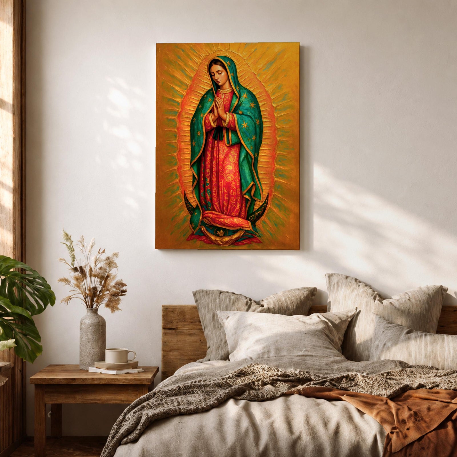A detailed framed canvas painting of Our Lady of Guadalupe depicting a woman in a traditional red dress and green cloak adorned with stars, hands clasped in prayer, surrounded by radiant golden light, rendered in a realistic style with rich textures and vibrant colors.