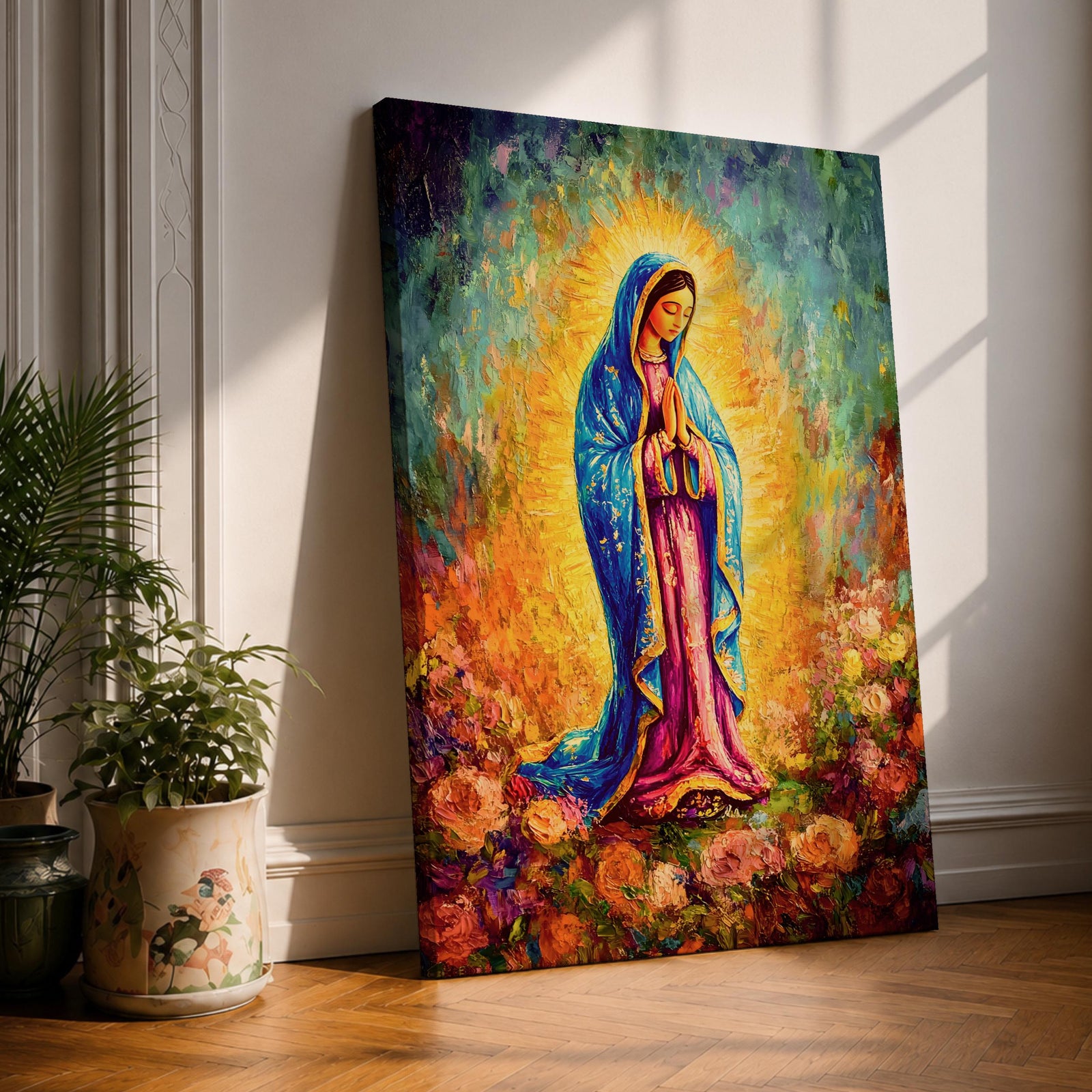 A vibrant impasto painting of Our Lady of Guadalupe, depicting the Virgin Mary in a blue mantle with hands clasped in prayer, surrounded by a glowing aura and colorful floral background, rendered with thick textured brushstrokes.