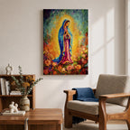 A vibrant impasto painting of Our Lady of Guadalupe, depicting the Virgin Mary in a blue mantle with hands clasped in prayer, surrounded by a glowing aura and colorful floral background, rendered with thick textured brushstrokes.