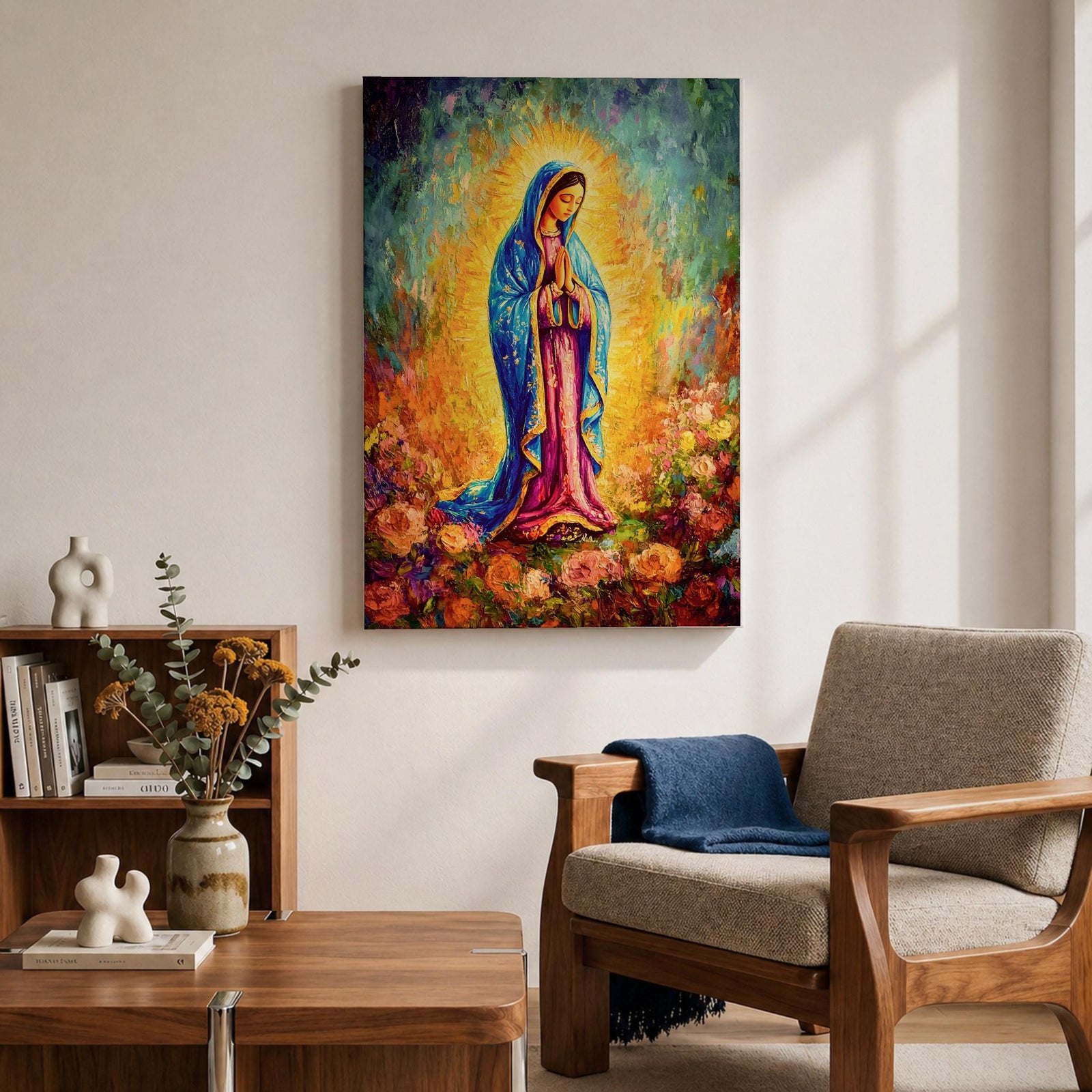 A vibrant impasto painting of Our Lady of Guadalupe, depicting the Virgin Mary in a blue mantle with hands clasped in prayer, surrounded by a glowing aura and colorful floral background, rendered with thick textured brushstrokes.