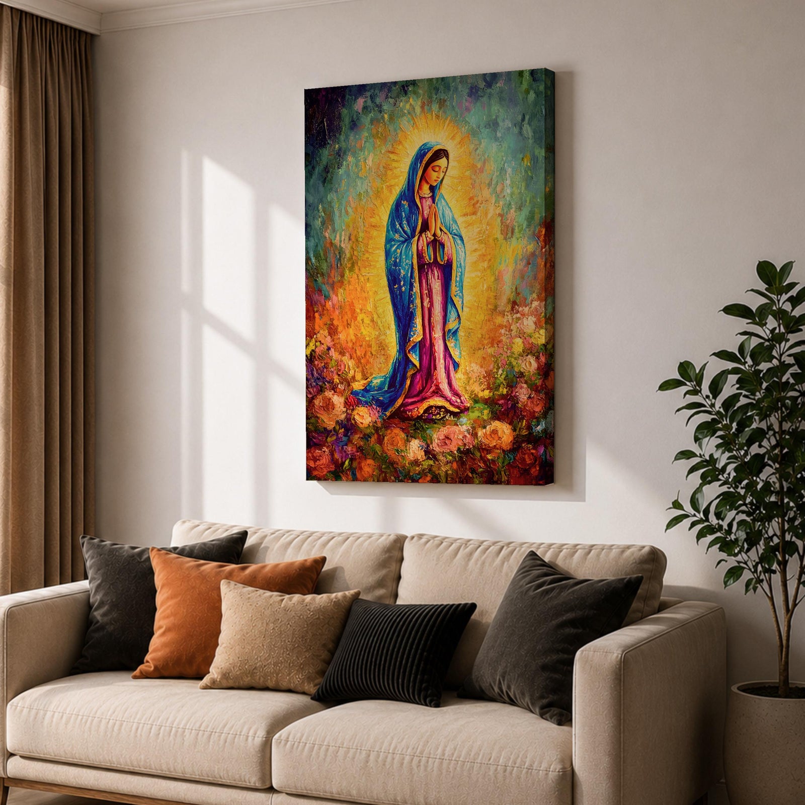 A vibrant impasto painting of Our Lady of Guadalupe, depicting the Virgin Mary in a blue mantle with hands clasped in prayer, surrounded by a glowing aura and colorful floral background, rendered with thick textured brushstrokes.