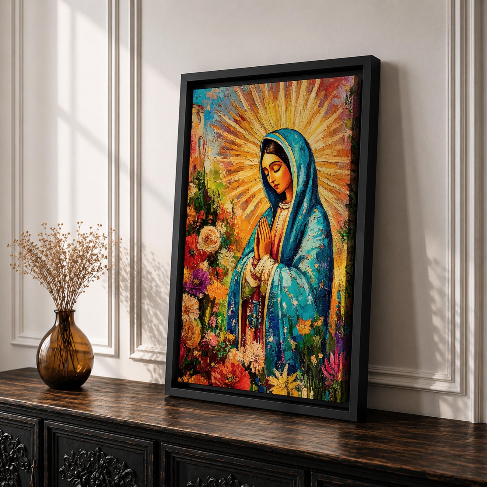 A vibrant impasto style painting of Our Lady of Guadalupe, also known as Virgin of Guadalupe, depicted with hands folded in prayer, wearing a blue mantle surrounded by radiant golden rays and colorful flowers, rendered in thick textured brushstrokes emphasizing depth and color.