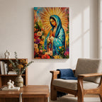 A vibrant impasto style painting of Our Lady of Guadalupe, also known as Virgin of Guadalupe, depicted with hands folded in prayer, wearing a blue mantle surrounded by radiant golden rays and colorful flowers, rendered in thick textured brushstrokes emphasizing depth and color.