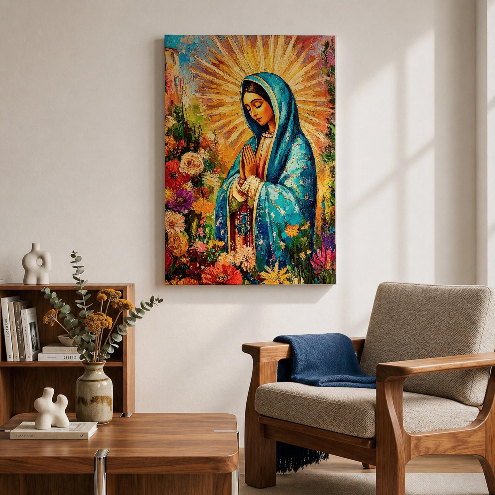 A vibrant impasto style painting of Our Lady of Guadalupe, also known as Virgin of Guadalupe, depicted with hands folded in prayer, wearing a blue mantle surrounded by radiant golden rays and colorful flowers, rendered in thick textured brushstrokes emphasizing depth and color.