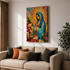 A vibrant impasto style painting of Our Lady of Guadalupe, also known as Virgin of Guadalupe, depicted with hands folded in prayer, wearing a blue mantle surrounded by radiant golden rays and colorful flowers, rendered in thick textured brushstrokes emphasizing depth and color.