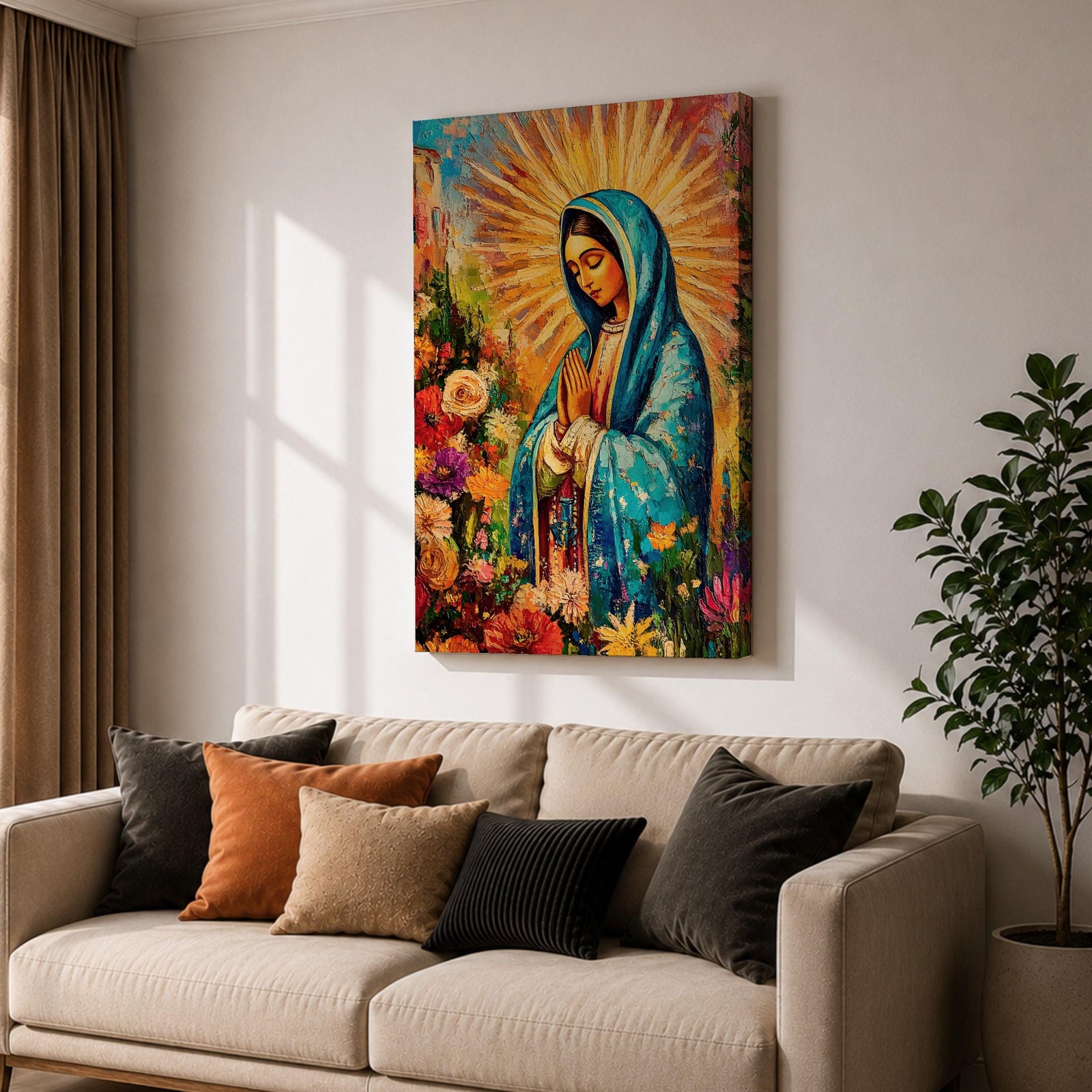 A vibrant impasto style painting of Our Lady of Guadalupe, also known as Virgin of Guadalupe, depicted with hands folded in prayer, wearing a blue mantle surrounded by radiant golden rays and colorful flowers, rendered in thick textured brushstrokes emphasizing depth and color.