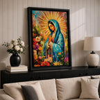 A vibrant impasto style painting of Our Lady of Guadalupe, also known as Virgin of Guadalupe, depicted with hands folded in prayer, wearing a blue mantle surrounded by radiant golden rays and colorful flowers, rendered in thick textured brushstrokes emphasizing depth and color.