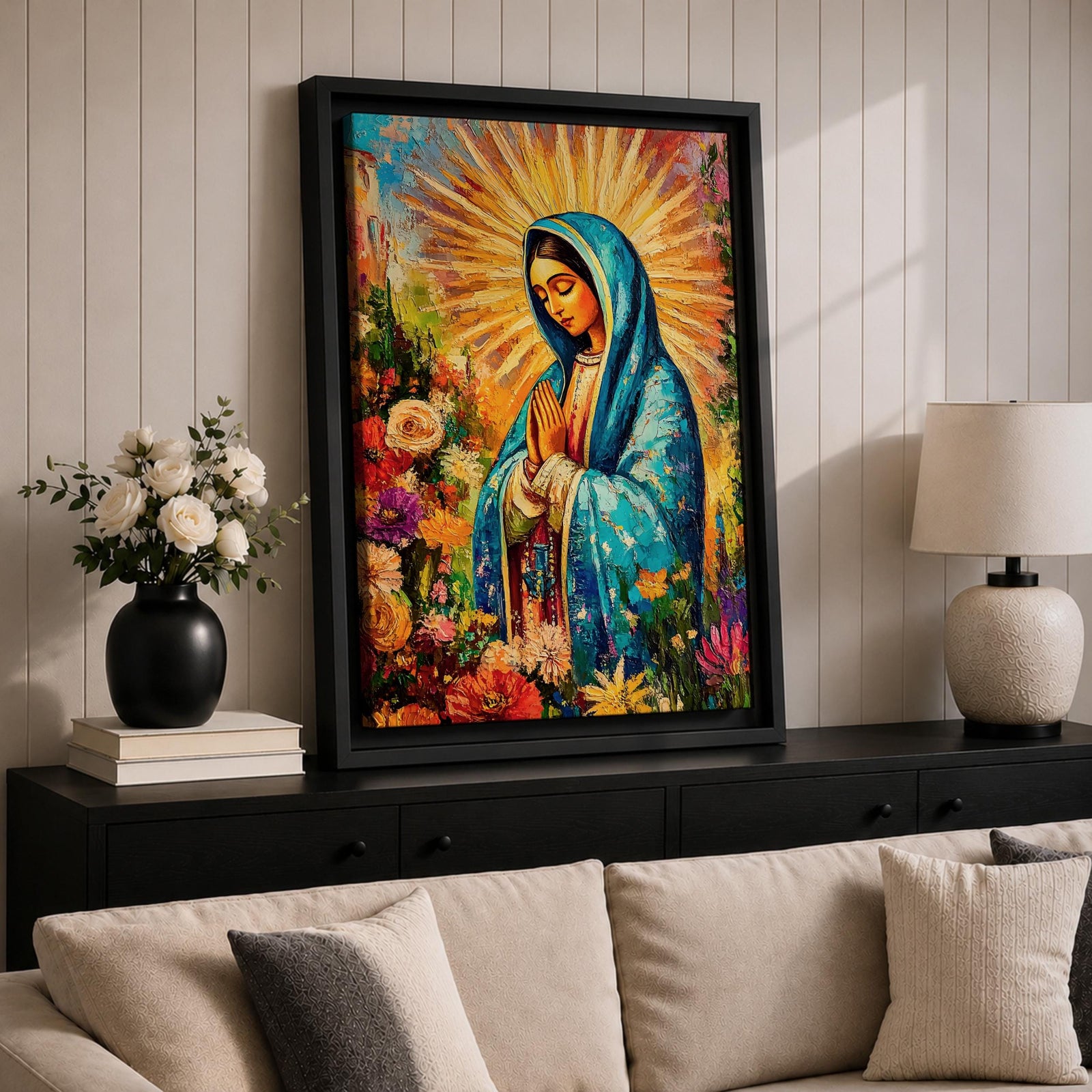 A vibrant impasto style painting of Our Lady of Guadalupe, also known as Virgin of Guadalupe, depicted with hands folded in prayer, wearing a blue mantle surrounded by radiant golden rays and colorful flowers, rendered in thick textured brushstrokes emphasizing depth and color.