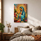A vibrant impasto style painting of Our Lady of Guadalupe, also known as Virgin of Guadalupe, depicted with hands folded in prayer, wearing a blue mantle surrounded by radiant golden rays and colorful flowers, rendered in thick textured brushstrokes emphasizing depth and color.