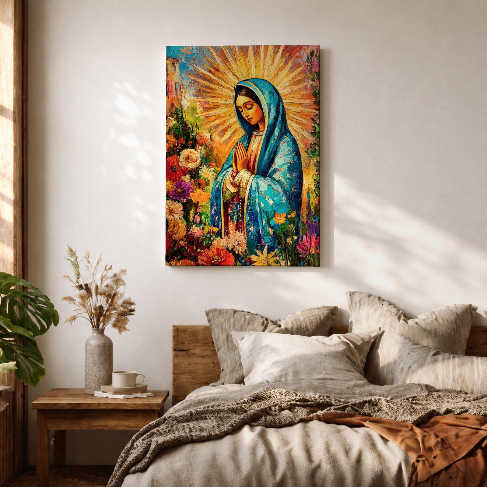 A vibrant impasto style painting of Our Lady of Guadalupe, also known as Virgin of Guadalupe, depicted with hands folded in prayer, wearing a blue mantle surrounded by radiant golden rays and colorful flowers, rendered in thick textured brushstrokes emphasizing depth and color.