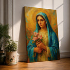 This impasto style painting depicts the Virgin Mary, also known as the Blessed Mother, holding pink flowers with a golden halo background. The textured brushstrokes and vibrant colors emphasize her serene expression and traditional blue veil, creating a devotional religious portrait.