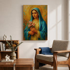This impasto style painting depicts the Virgin Mary, also known as the Blessed Mother, holding pink flowers with a golden halo background. The textured brushstrokes and vibrant colors emphasize her serene expression and traditional blue veil, creating a devotional religious portrait.