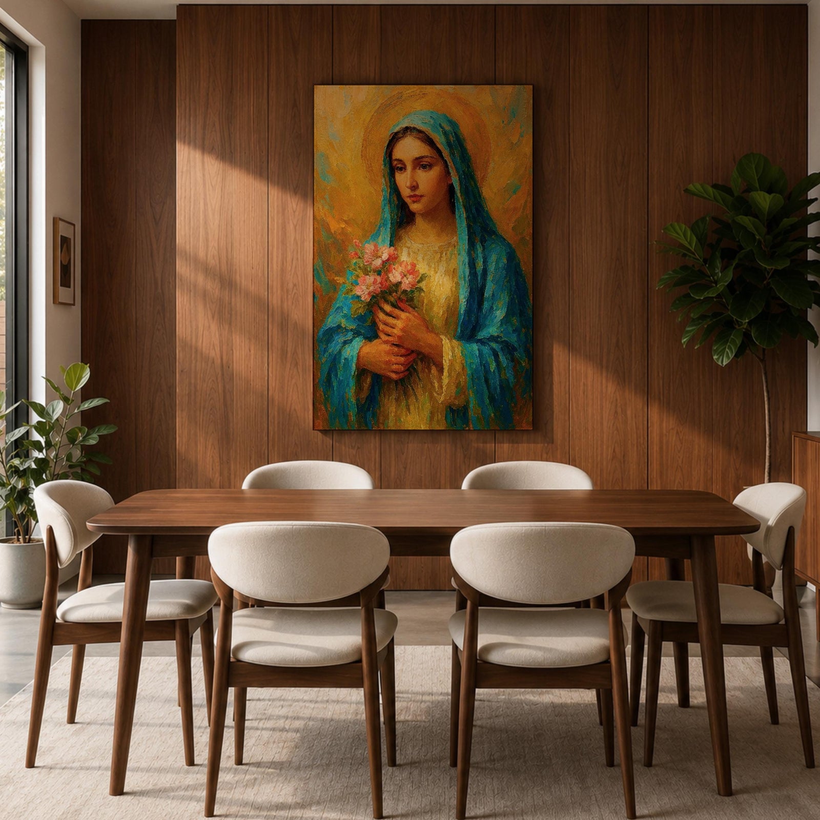 This impasto style painting depicts the Virgin Mary, also known as the Blessed Mother, holding pink flowers with a golden halo background. The textured brushstrokes and vibrant colors emphasize her serene expression and traditional blue veil, creating a devotional religious portrait.