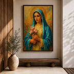 This impasto style painting depicts the Virgin Mary, also known as the Blessed Mother, holding pink flowers with a golden halo background. The textured brushstrokes and vibrant colors emphasize her serene expression and traditional blue veil, creating a devotional religious portrait.