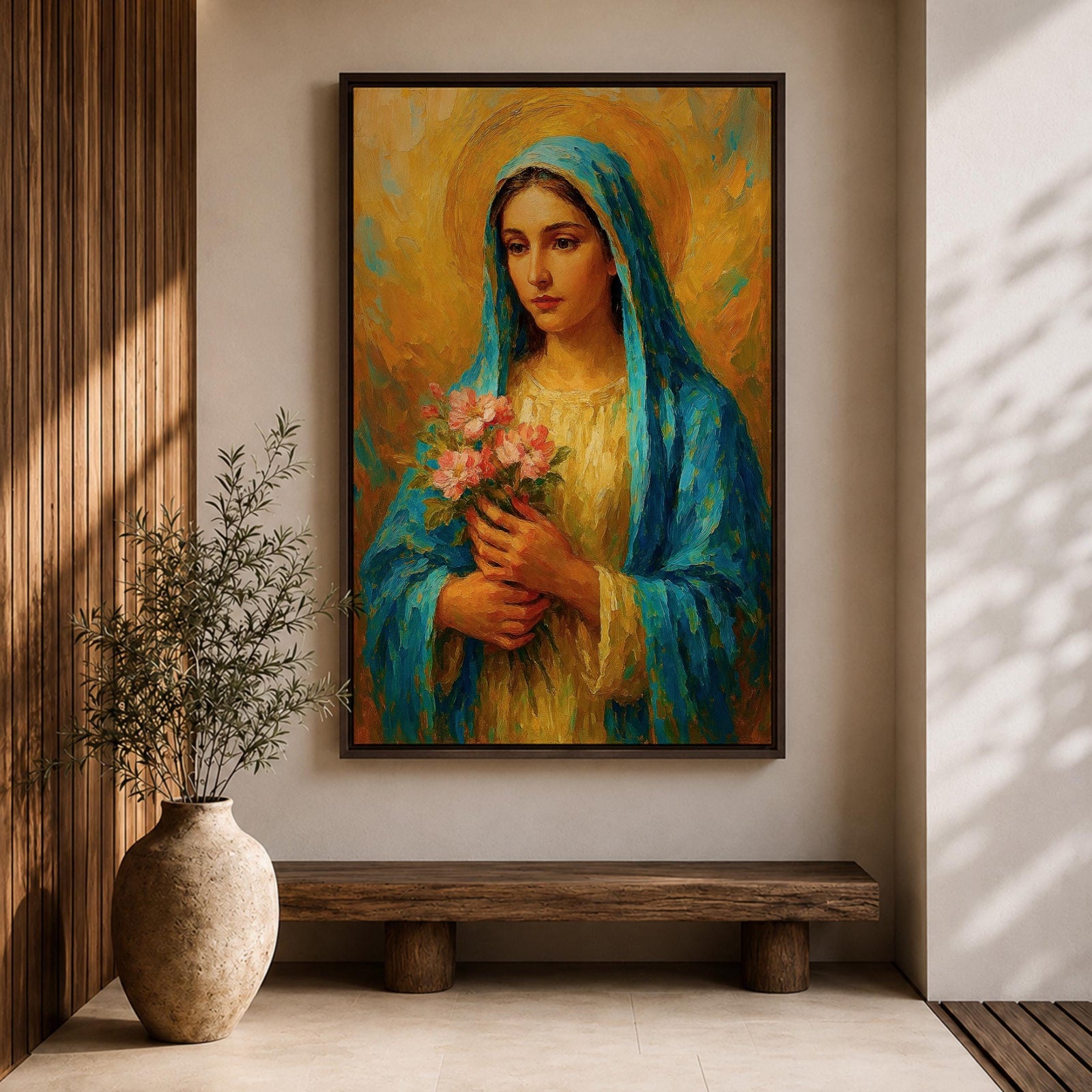 This impasto style painting depicts the Virgin Mary, also known as the Blessed Mother, holding pink flowers with a golden halo background. The textured brushstrokes and vibrant colors emphasize her serene expression and traditional blue veil, creating a devotional religious portrait.