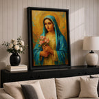 This impasto style painting depicts the Virgin Mary, also known as the Blessed Mother, holding pink flowers with a golden halo background. The textured brushstrokes and vibrant colors emphasize her serene expression and traditional blue veil, creating a devotional religious portrait.