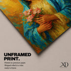 This impasto style painting depicts the Virgin Mary, also known as the Blessed Mother, holding pink flowers with a golden halo background. The textured brushstrokes and vibrant colors emphasize her serene expression and traditional blue veil, creating a devotional religious portrait.
