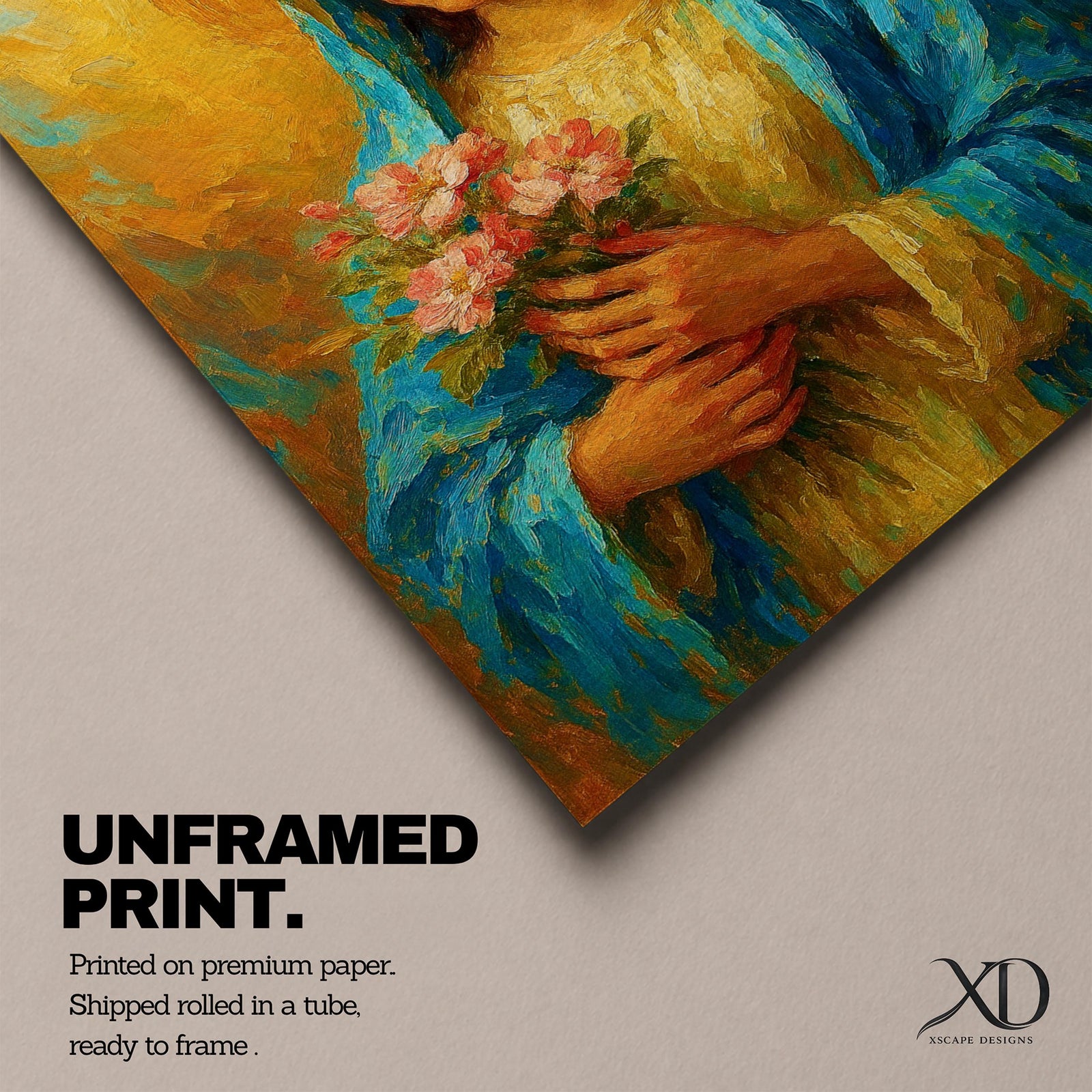This impasto style painting depicts the Virgin Mary, also known as the Blessed Mother, holding pink flowers with a golden halo background. The textured brushstrokes and vibrant colors emphasize her serene expression and traditional blue veil, creating a devotional religious portrait.