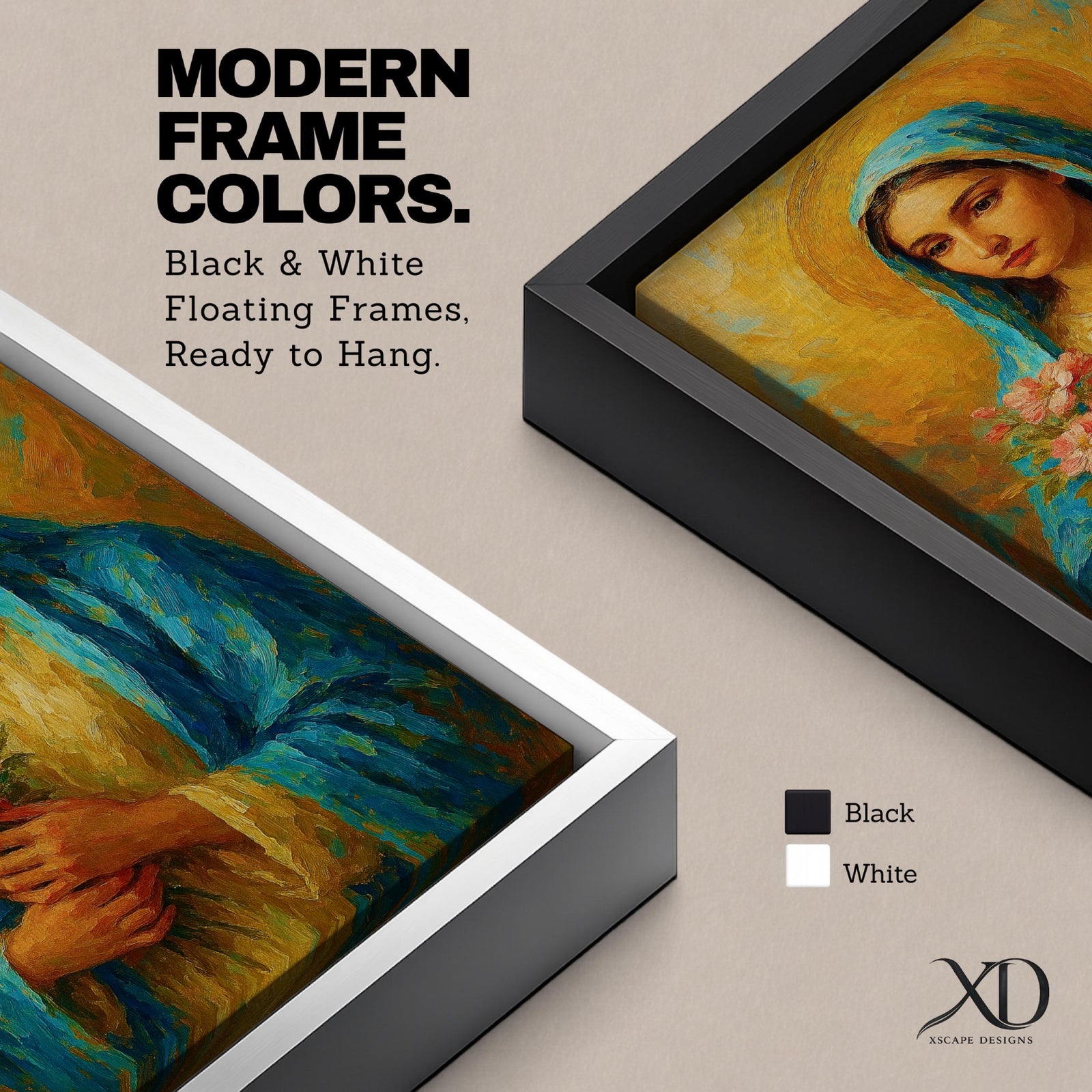 This impasto style painting depicts the Virgin Mary, also known as the Blessed Mother, holding pink flowers with a golden halo background. The textured brushstrokes and vibrant colors emphasize her serene expression and traditional blue veil, creating a devotional religious portrait.