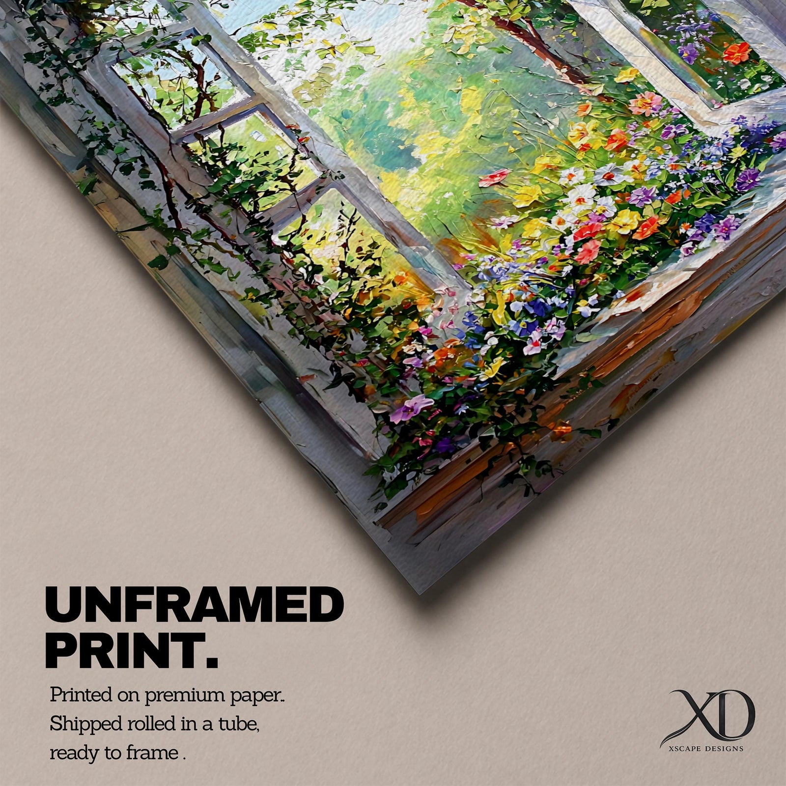 A vibrant framed canvas painting of an open garden window with lush green foliage, colorful flowers, and trees visible outside. The artwork captures a natural outdoor scene with detailed floral elements and a bright, inviting atmosphere, perfect for nature-themed home decoration.