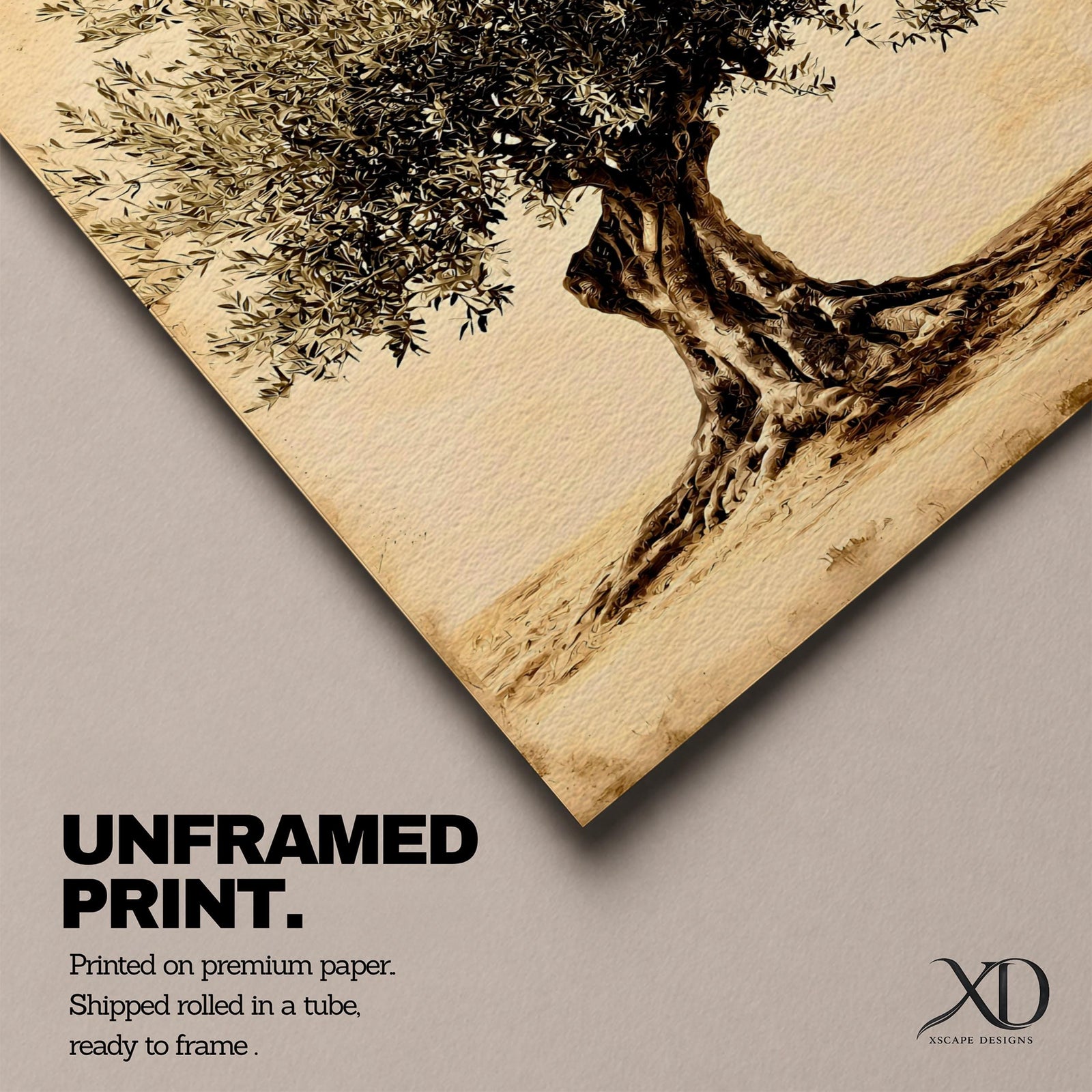 A detailed vintage-style framed canvas depicting an olive tree with a textured trunk and dense foliage, rendered in warm sepia tones. The artwork highlights the natural form and intricate leaves of the Mediterranean olive tree, capturing a botanical essence with a classic vintage aesthetic.