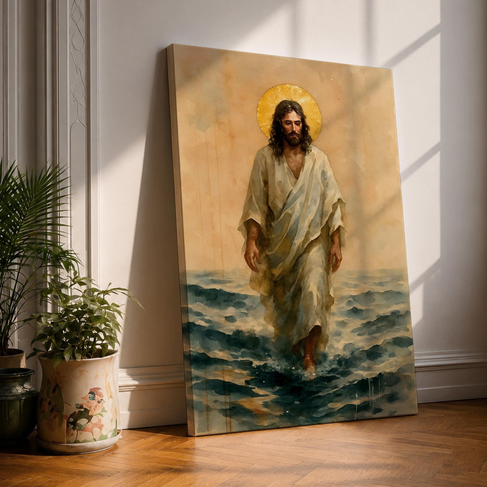 A watercolor style framed canvas depicting Jesus walking on water with a golden halo behind his head. The figure is dressed in flowing robes, stepping across waves with a serene expression. The artwork captures a biblical scene with soft, natural tones and detailed brushwork emphasizing movement and faith.