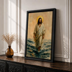 A watercolor style framed canvas depicting Jesus walking on water with a golden halo behind his head. The figure is dressed in flowing robes, stepping across waves with a serene expression. The artwork captures a biblical scene with soft, natural tones and detailed brushwork emphasizing movement and faith.