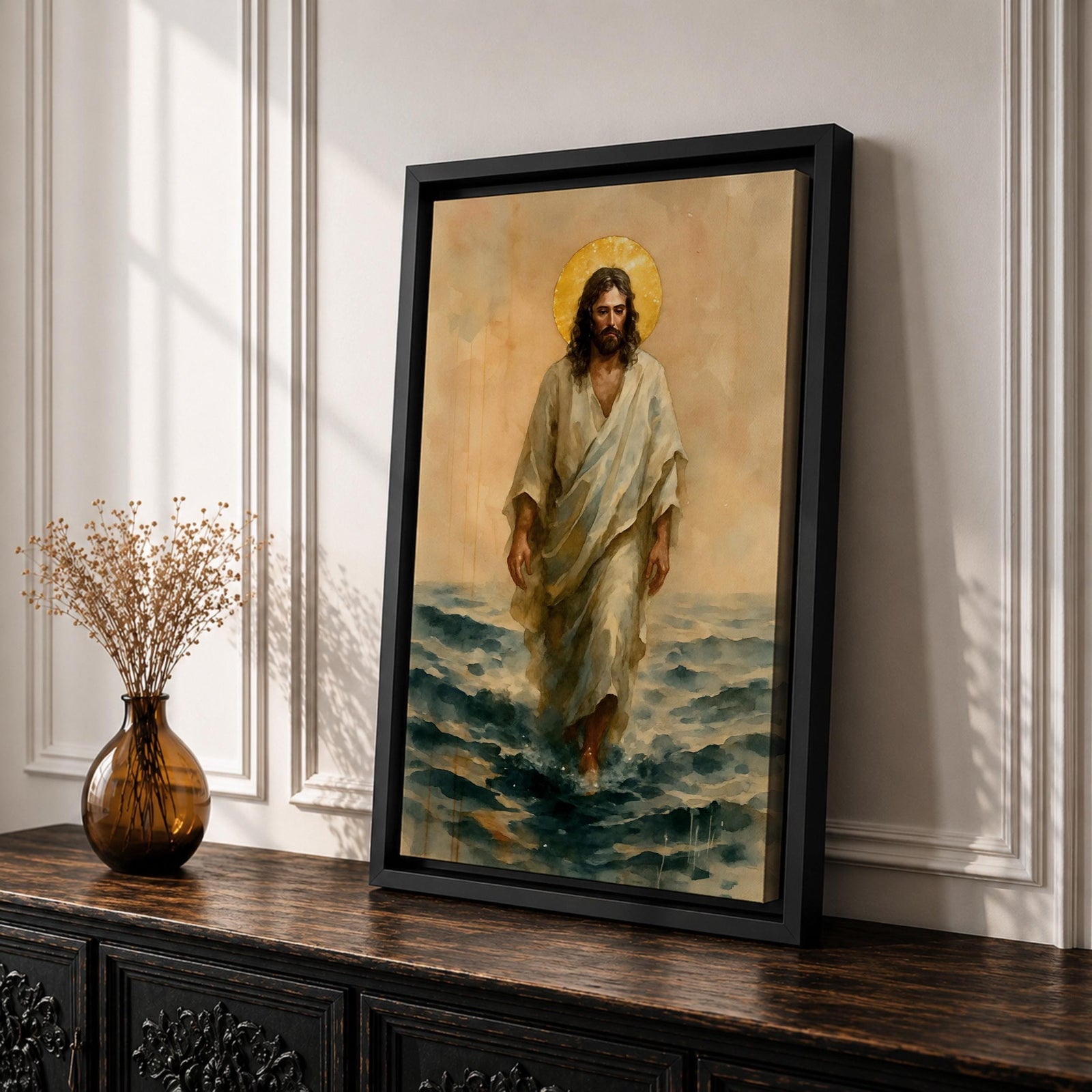 A watercolor style framed canvas depicting Jesus walking on water with a golden halo behind his head. The figure is dressed in flowing robes, stepping across waves with a serene expression. The artwork captures a biblical scene with soft, natural tones and detailed brushwork emphasizing movement and faith.