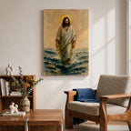A watercolor style framed canvas depicting Jesus walking on water with a golden halo behind his head. The figure is dressed in flowing robes, stepping across waves with a serene expression. The artwork captures a biblical scene with soft, natural tones and detailed brushwork emphasizing movement and faith.
