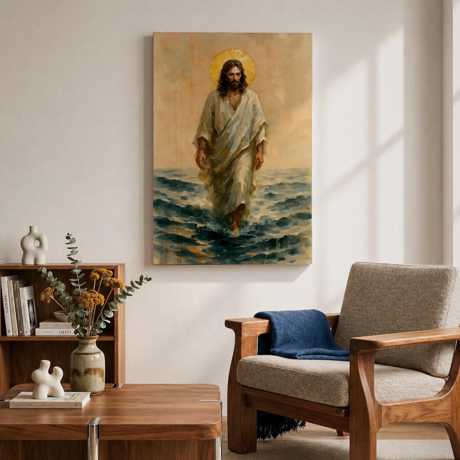 A watercolor style framed canvas depicting Jesus walking on water with a golden halo behind his head. The figure is dressed in flowing robes, stepping across waves with a serene expression. The artwork captures a biblical scene with soft, natural tones and detailed brushwork emphasizing movement and faith.